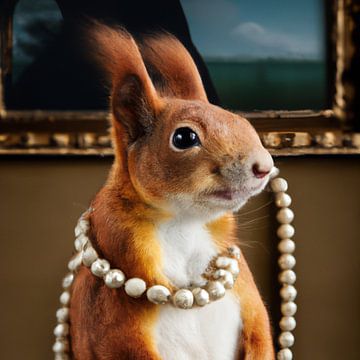 Squirrel with pearls, Johannes Vermeer style, generative AI illustration by Bianca Biermans