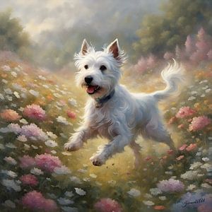 Japanischer Terrier spielt in einem Blumenfeld von Johanna's Art