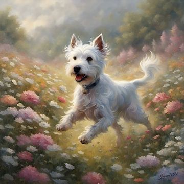 Japanse Terrier spelend in een bloemenveld van Johanna's Art