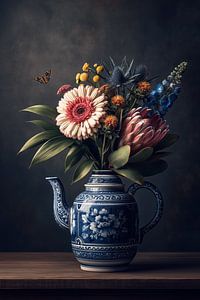 Fleurs dans une théière bleu de Delft