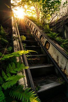Verlaten trap met lichtstralen van Poster Art Shop