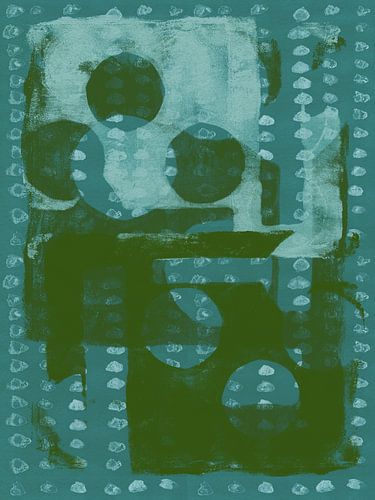 Abstracte vormen in blauw, groen en wit.