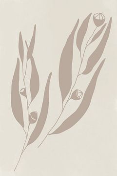 Moderne botanische kunst. Eucalyptustakje in pastelbeige op wit van Dina Dankers