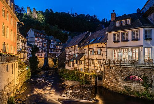 The Ruhr flows during blue hour in Monschau