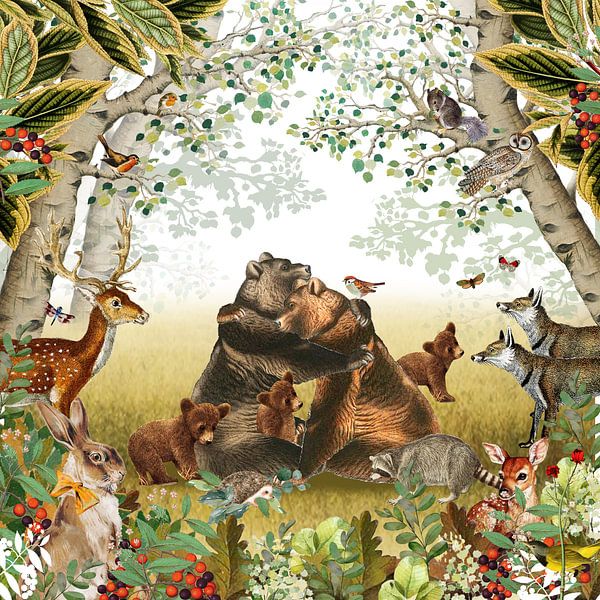 Forêt dans une atmosphère rétro avec des cerfs, une famille d'ours et des renards par Studio POPPY