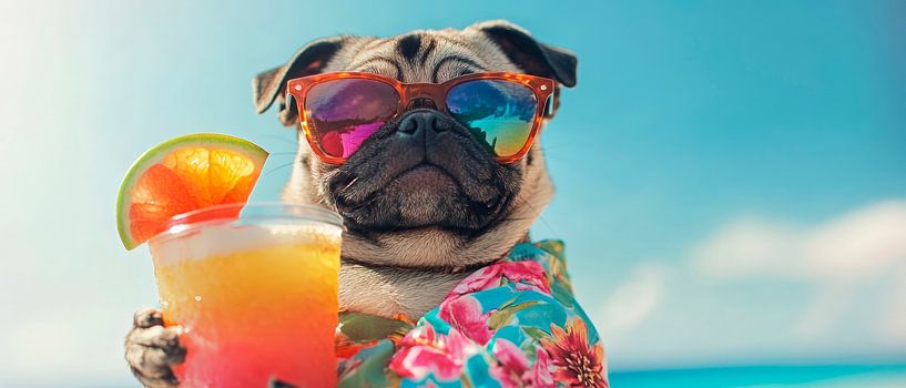 Holiday pug with a cocktail on the beach by Poster Art Shop