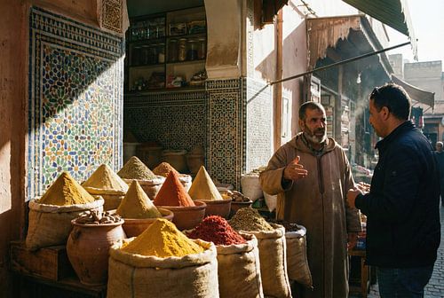 Kruidenhandelaar communiceert met klant in marrakesh souk