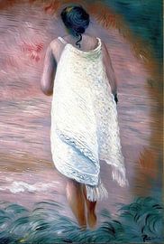 Dame im weißen Kleid blickt nach vorn In impressionistischer Szene im Stil von Renoir. von Mario Dekker-Janssen