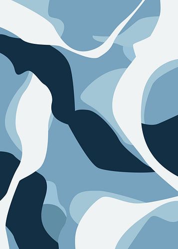 minimalistische abstracte kunstprints in blauw, met een patroon van oceaangolven en zachte pastelkleuren.