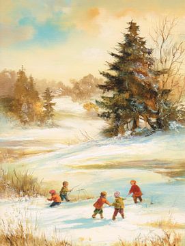 Warm Vintage Winterlandschaft mit Kindern spielen in weichen goldenen Licht