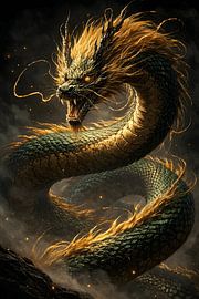 Dragon-serpent à la crinière dorée et flamboyante sur Faheem Beigh
