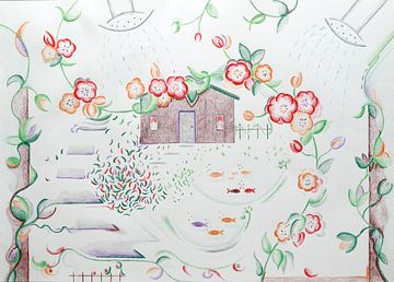 Zeichnung eines Hauses mit Blumen von Wieke Streef