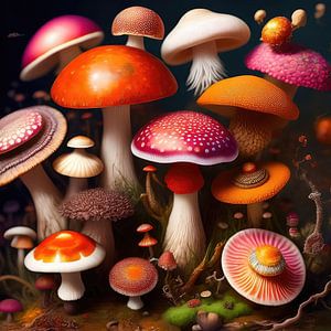 Groep paddestoelen bij elkaar (a.i. art)