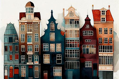Amsterdam canal houses with watercolour