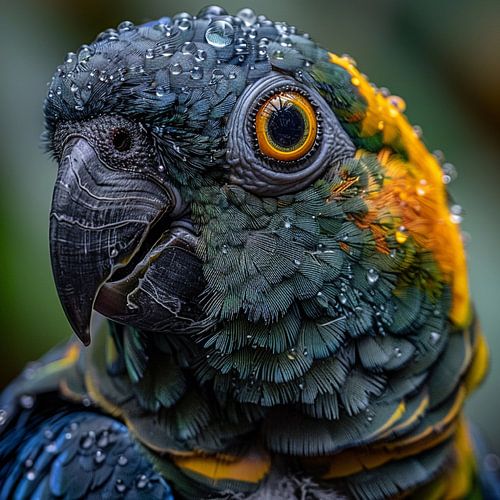 Close-up van de kop van een natte ara