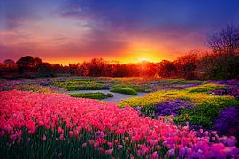 Frühling in einem Garten mit Blumen Illustration