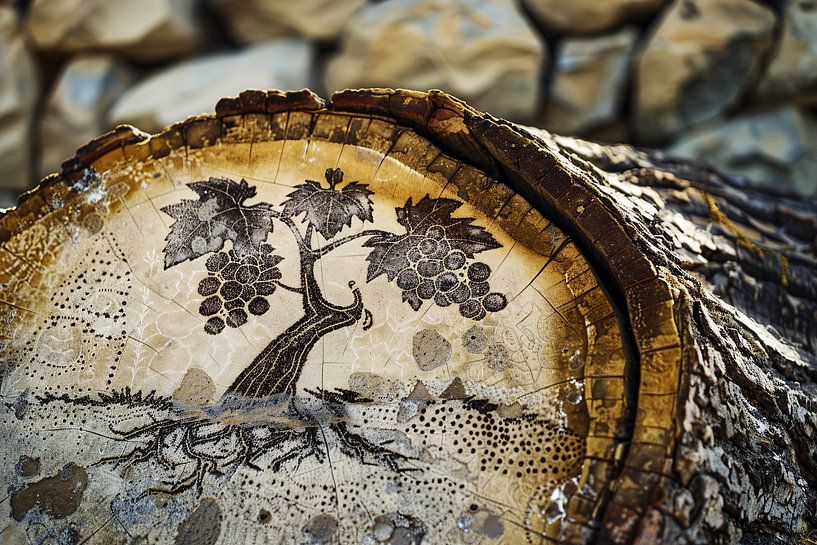 Skizze auf Baumstamm: Weinrebe von Art & Soul Creations