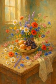 Rural Morning Glow - wildflowers & summer fruits in soft window light by Kleurenrijk
