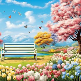 Houten bank in het park, lente schilderij, kunst ontwerp van Animaflora PicsStock
