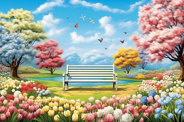 Holzbank im Park, Frühlingsmalerei, Kunstdesign von Animaflora PicsStock