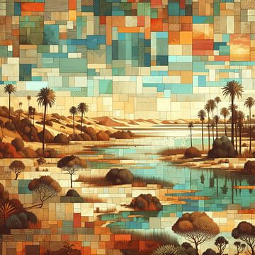 Collage mixed media van Afrikaans landschap cq lagune van Lois Diallo