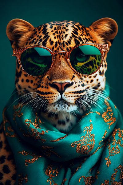 Eleganter Leopard mit Sonnenbrille und Schal von Poster Art Shop