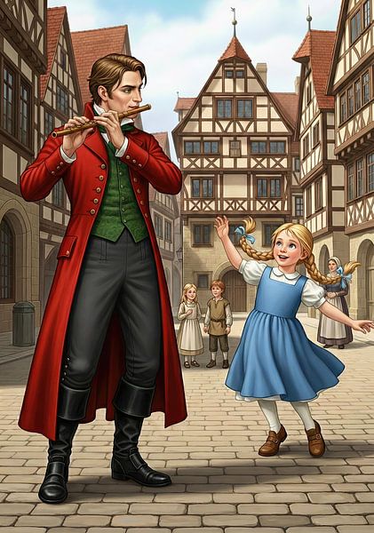 Flöte spielender Mann auf dem Stadtplatz mit tanzendem Mädchen und anderen Figuren von Markus Gann