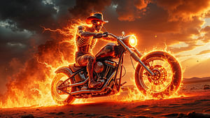 Dark Fantasy Décoration Murale: KRAEGORN - Le squelette en flammes sur sa moto venue de l'enfer