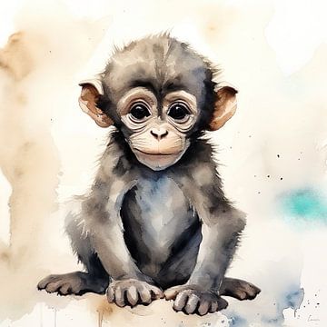 Mignon singe dans les tons de l'aquarelle sur Lauri Creates