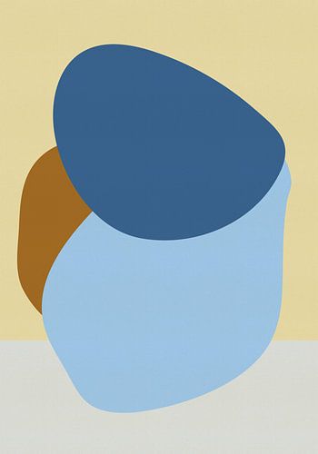 Eenvoudige vormen in pastelkleuren - blauw, terra op botergeel en wit.