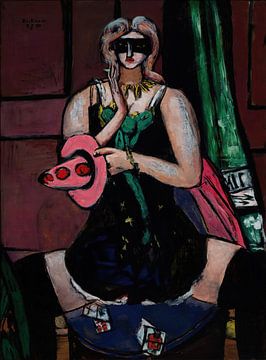 Max Beckmann - Carnavalsmasker, groen, violet en roze (columbine) (1950) van Peter Balan
