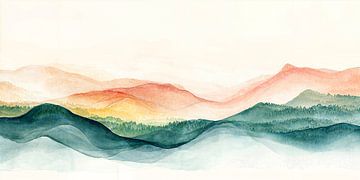 This ethereal watercolor painting depicts a serene mountain world at sunrise. Soft, flowing lines create harmony, while warm and cool tones contrast for balance. Misty forests add depth, and the light horizon suggests hope. The work invites contemplation in a dreamy world where tranquility reigns. by Studio BB