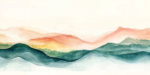 This ethereal watercolor painting depicts a serene mountain world at sunrise. Soft, flowing lines create harmony, while warm and cool tones contrast for balance. Misty forests add depth, and the light horizon suggests hope. The work invites contemplation in a dreamy world where tranquility reigns.