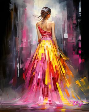 Portrait figuratif abstrait d'une femme, Dress To Impress Pop of colour sur René van den Berg