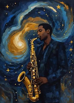 Man speelt saxofoon in abstracte sterrennacht van MIROKKU