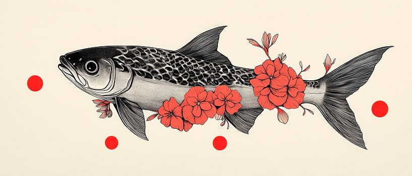 Koi with red flowers - Illustrative by Poster Art Shop