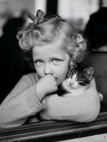 Portrait vintage d'une petite fille avec son chat sur Studio Allee
