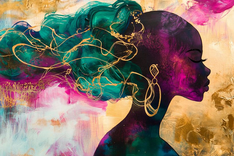 Bunte Silhouette einer Frau mit Locken von Poster Art Shop