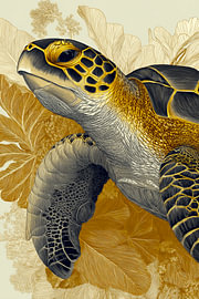 Meeresschildkröte in „Goldene Koralle“ – Botanische Illustration von Eva Lee