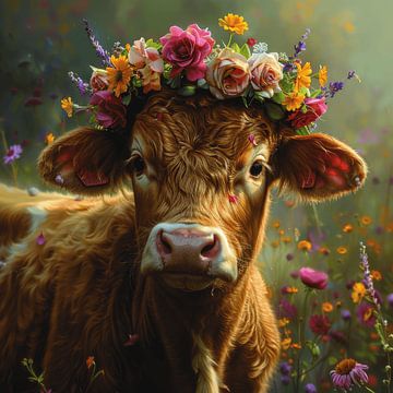 Bloemenpracht in het Zwarte Woud: koe met bloemenkrans - Levendige fotografie voor liefhebbers van het platteland van Poster Art Shop