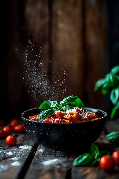 Pasta-Kreation mit frischem Basilikum von Poster Art Shop