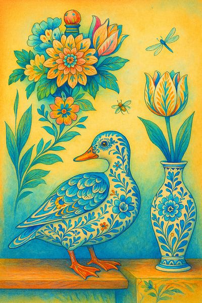 Bunte delfterblaue Ente mit Blumen von Kleurenrijk