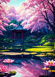 Japanische Architektur mit Sakura-Kirschblüte von Ruzerin