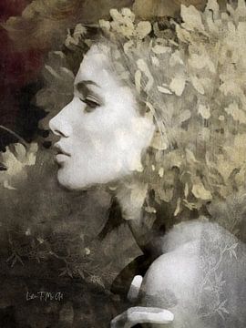 Bloem En Pracht | Een portret van een mooie vrouw. Rondom haar dwarrelen zachtgroene blaadjes van Wil Vervenne