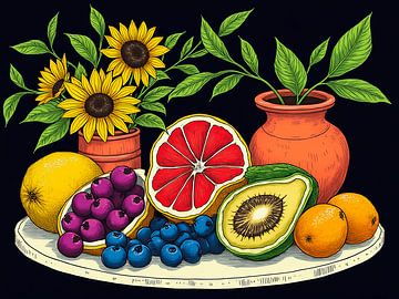 Illustratie van een kleurrijk stilleven met bloemen en fruit van The Photo Artist