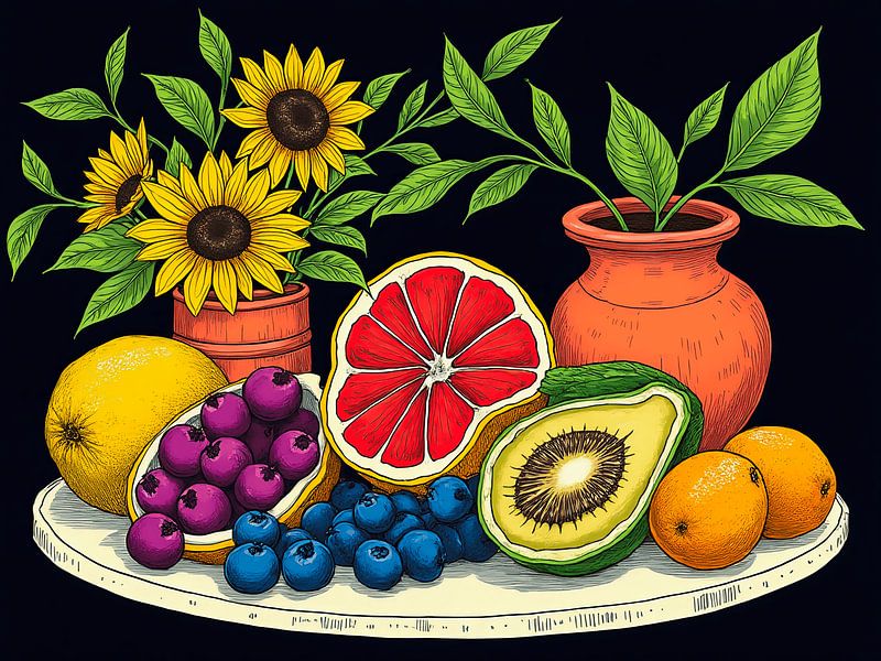 Illustratie van een kleurrijk stilleven met bloemen en fruit van The Photo Artist