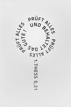 Jaarlijks motto 2025 motief vergrootglas. Test alles en bewaar wat goed is! 1 Tessalonicenzen 5:21