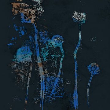 Abstract botanical art. Flowers and plants in neon blue, black, terra by Dina Dankers