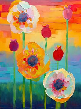 Colourful abstract poppies in warm sunset hues by STUDIO ARTSY