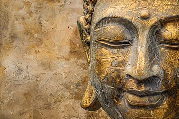 Gouden Boeddha portret op verweerde achtergrond van De Muurdecoratie